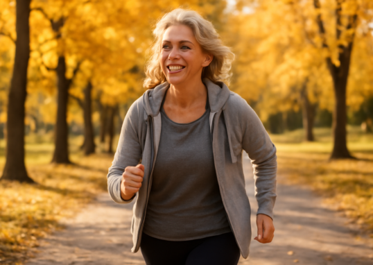 Woman in her 50s walking outdoors in a park as part of her daily movement routine for healthy aging