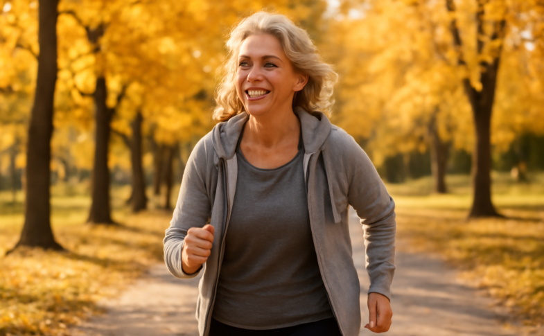 Woman in her 50s walking outdoors in a park as part of her daily movement routine for healthy aging
