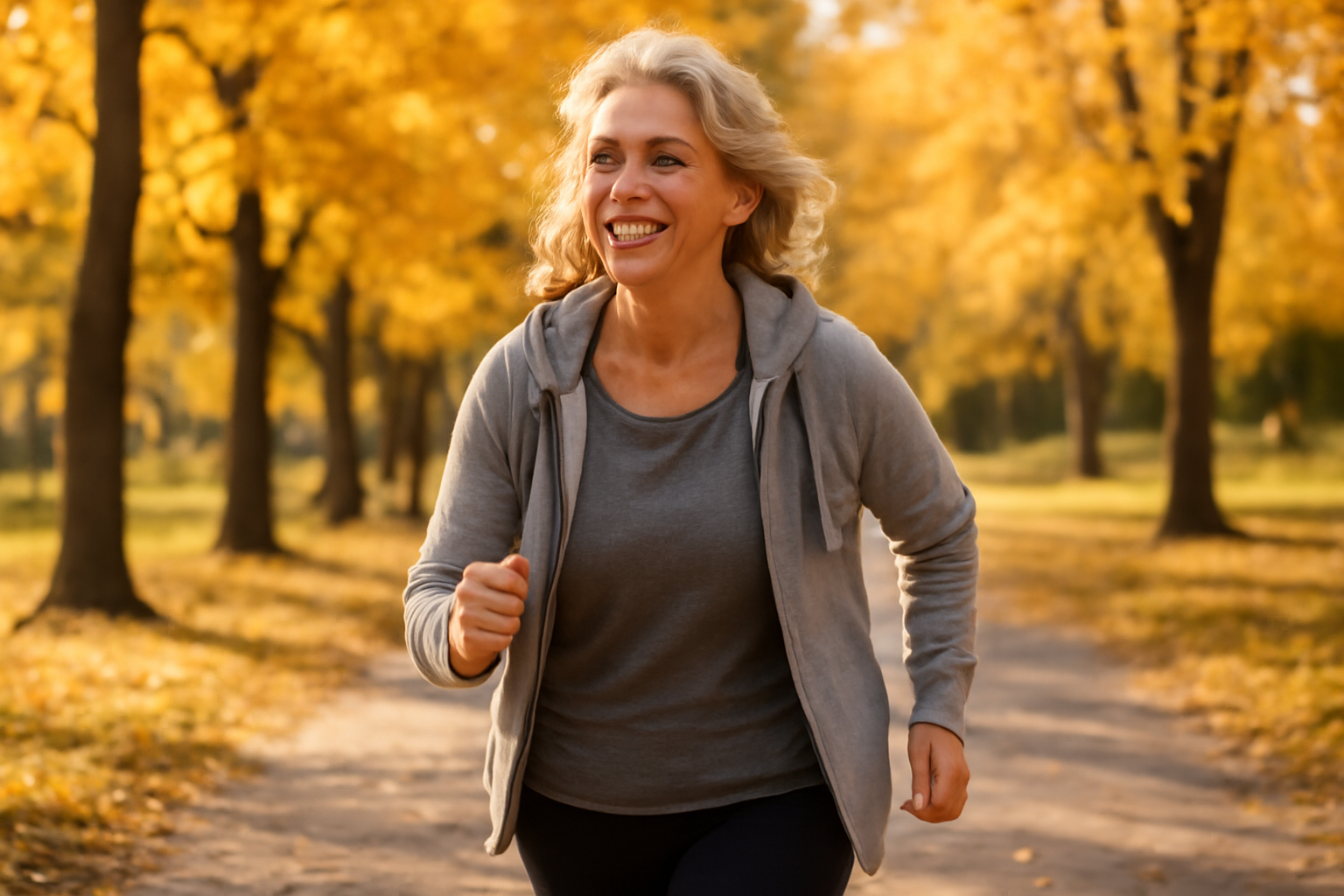 Woman in her 50s walking outdoors in a park as part of her daily movement routine for healthy aging