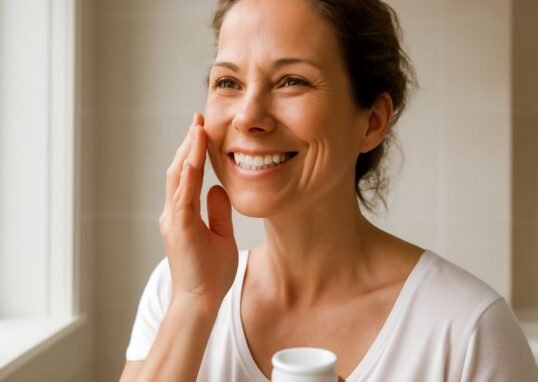 Woman in her 40s applying moisturizer as part of her daily healthy skin routine