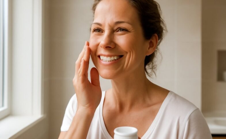 Woman in her 40s applying moisturizer as part of her daily healthy skin routine