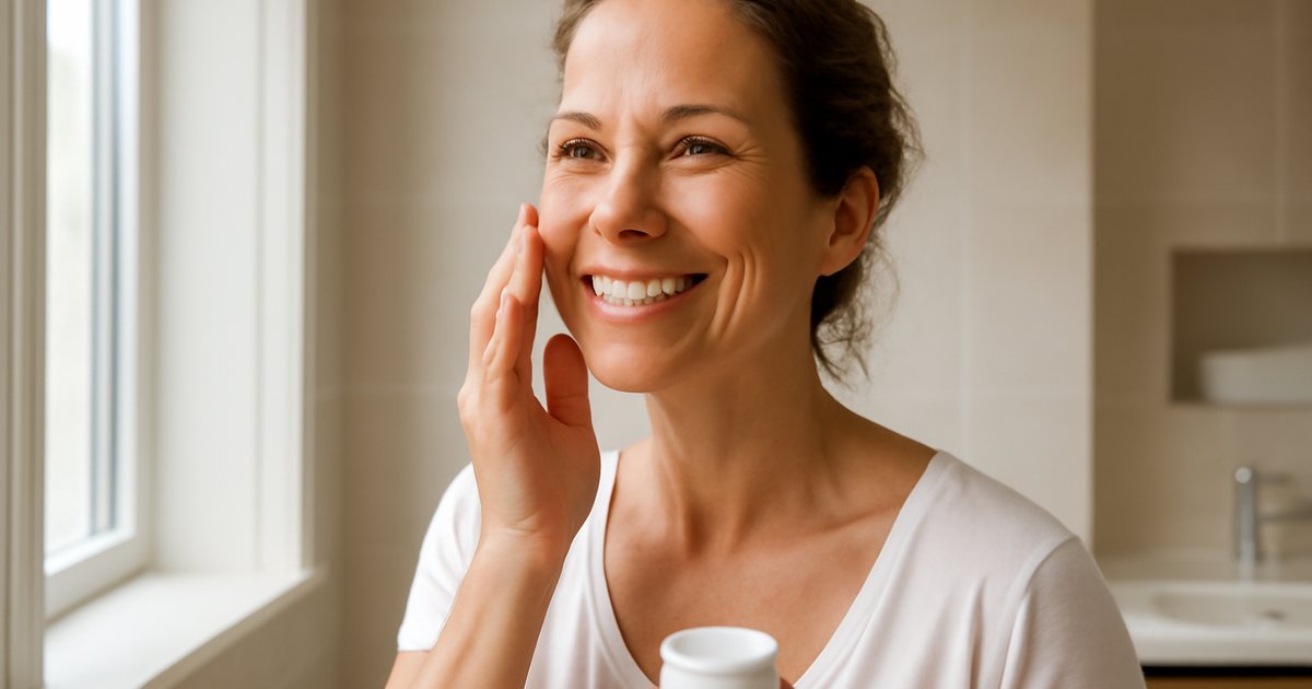 Woman in her 40s applying moisturizer as part of her daily healthy skin routine