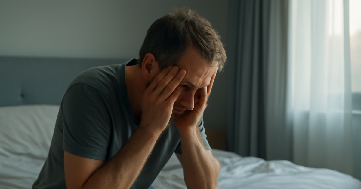 Tired adult man sitting on the edge of his bed in the morning, looking emotionally exhausted from poor sleep