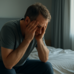 Tired adult man sitting on the edge of his bed in the morning, looking emotionally exhausted from poor sleep