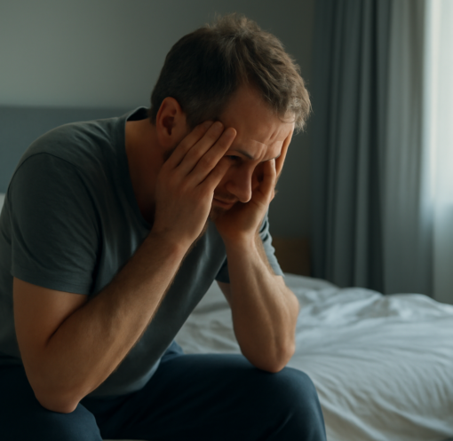 Tired adult man sitting on the edge of his bed in the morning, looking emotionally exhausted from poor sleep