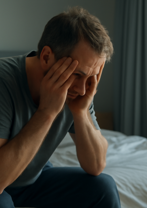 Tired adult man sitting on the edge of his bed in the morning, looking emotionally exhausted from poor sleep