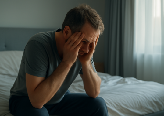 Tired adult man sitting on the edge of his bed in the morning, looking emotionally exhausted from poor sleep