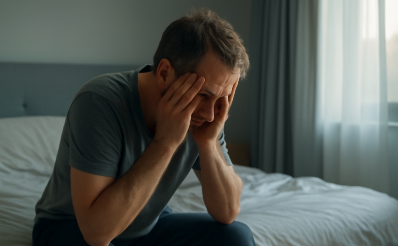 Tired adult man sitting on the edge of his bed in the morning, looking emotionally exhausted from poor sleep