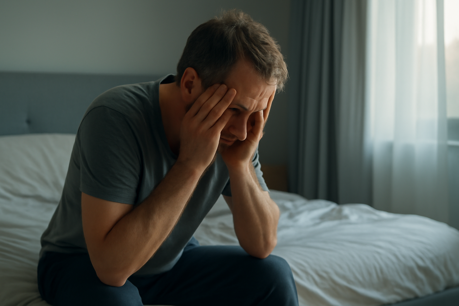 Tired adult man sitting on the edge of his bed in the morning, looking emotionally exhausted from poor sleep