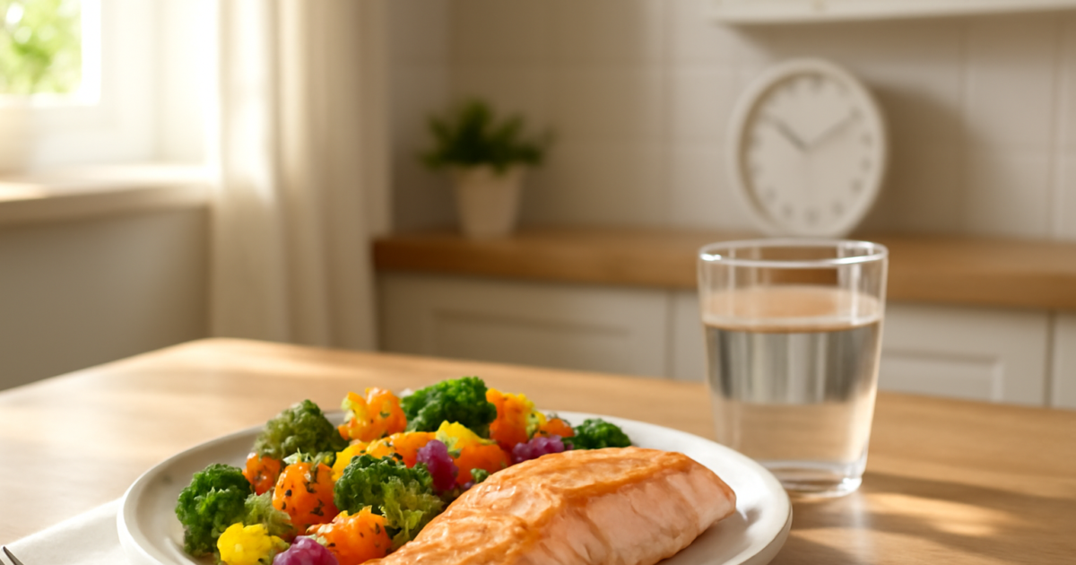 Healthy meal with salmon and vegetables representing intermittent fasting eating window