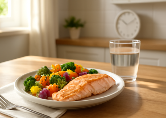Healthy meal with salmon and vegetables representing intermittent fasting eating window