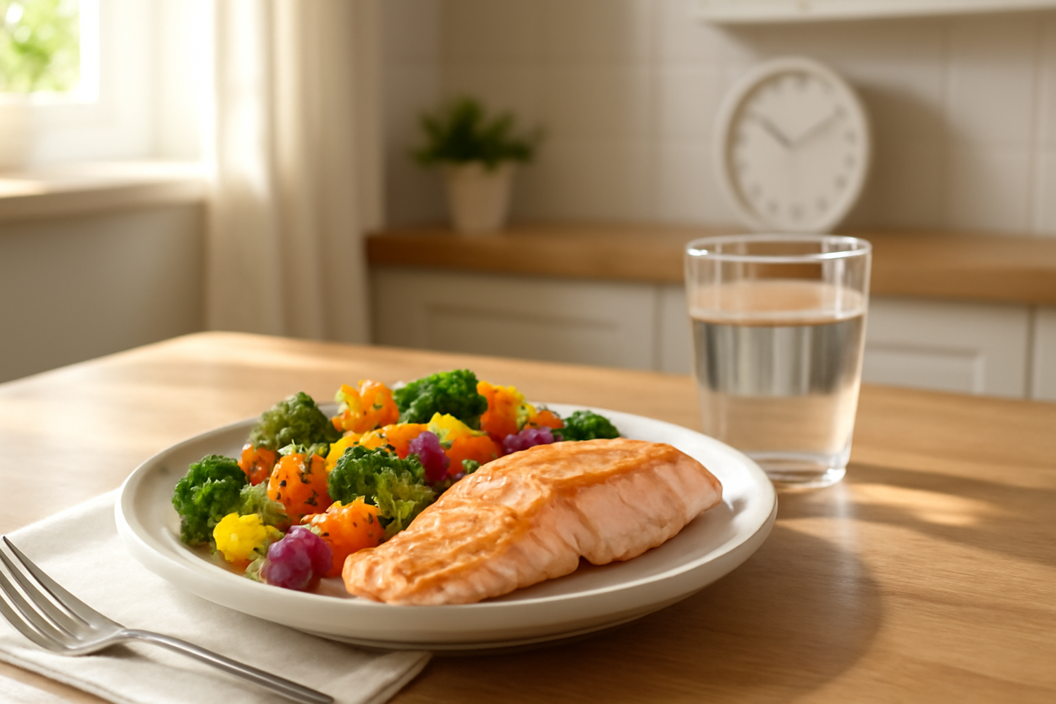 Healthy meal with salmon and vegetables representing intermittent fasting eating window