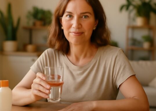Woman with lupus managing her health at home with sunscreen and medications on a sunny morning