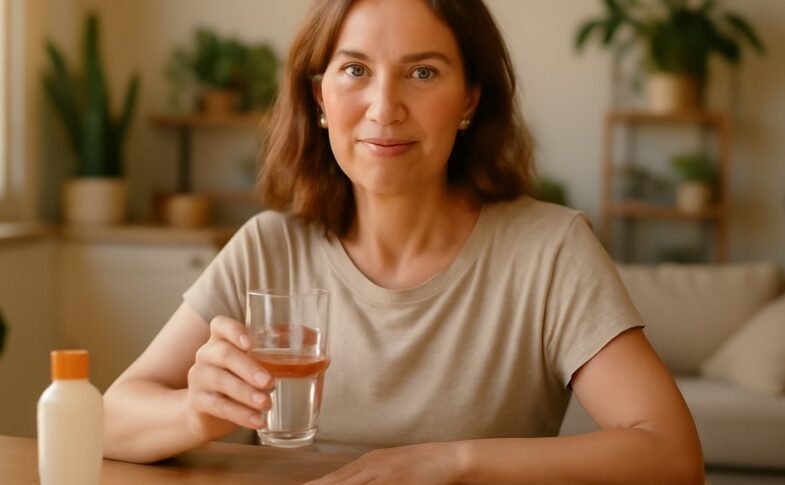 Woman with lupus managing her health at home with sunscreen and medications on a sunny morning
