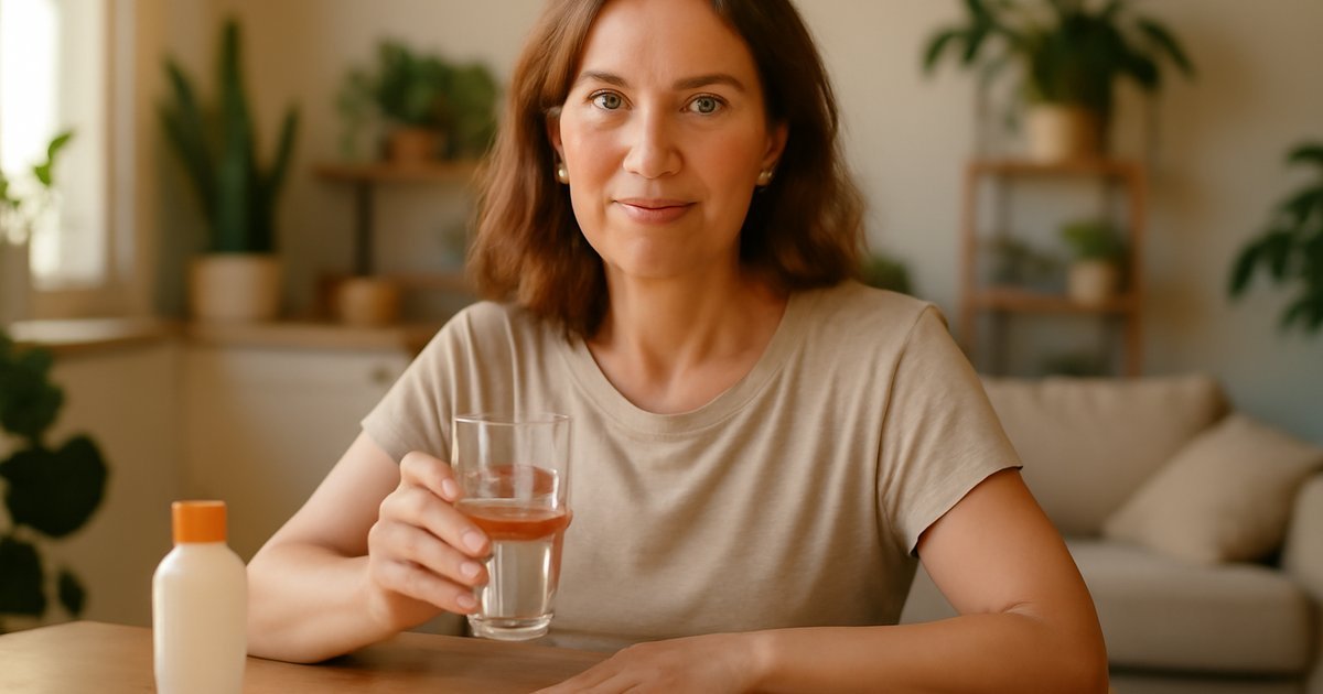 Woman with lupus managing her health at home with sunscreen and medications on a sunny morning