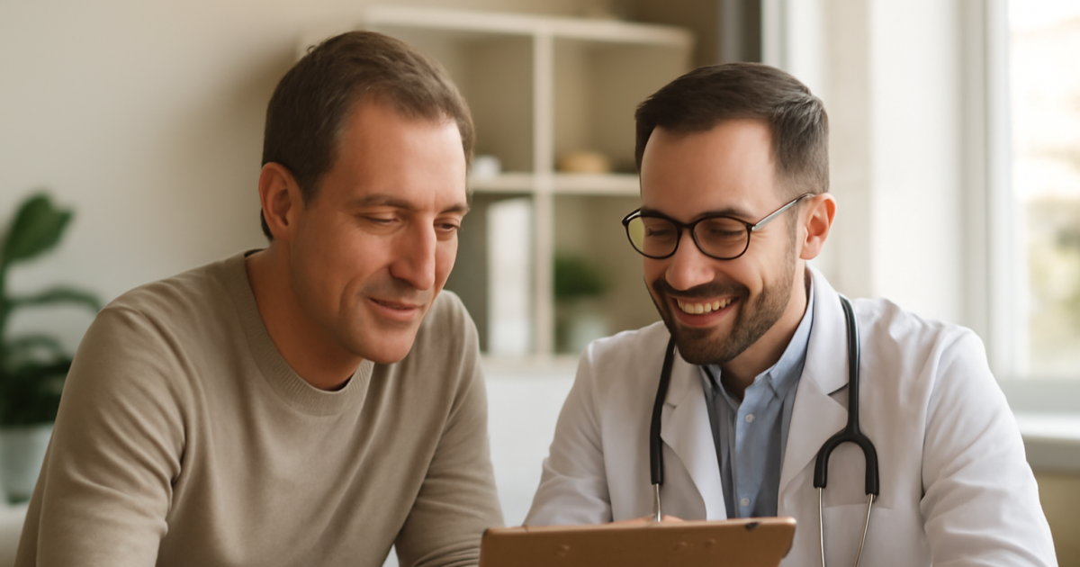 Doctor and adult male patient reviewing metabolic syndrome lab results in a modern medical office