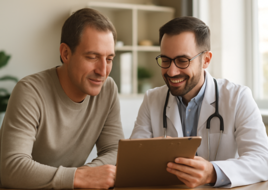 Doctor and adult male patient reviewing metabolic syndrome lab results in a modern medical office