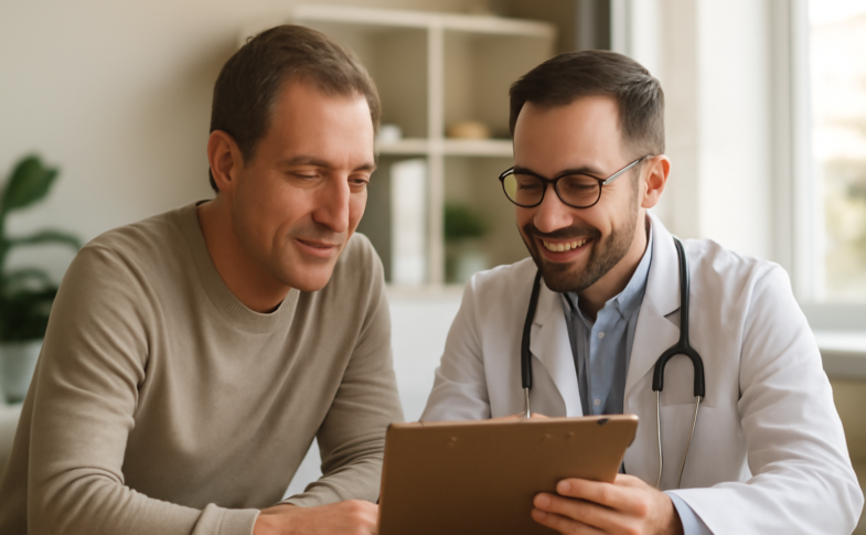 Doctor and adult male patient reviewing metabolic syndrome lab results in a modern medical office
