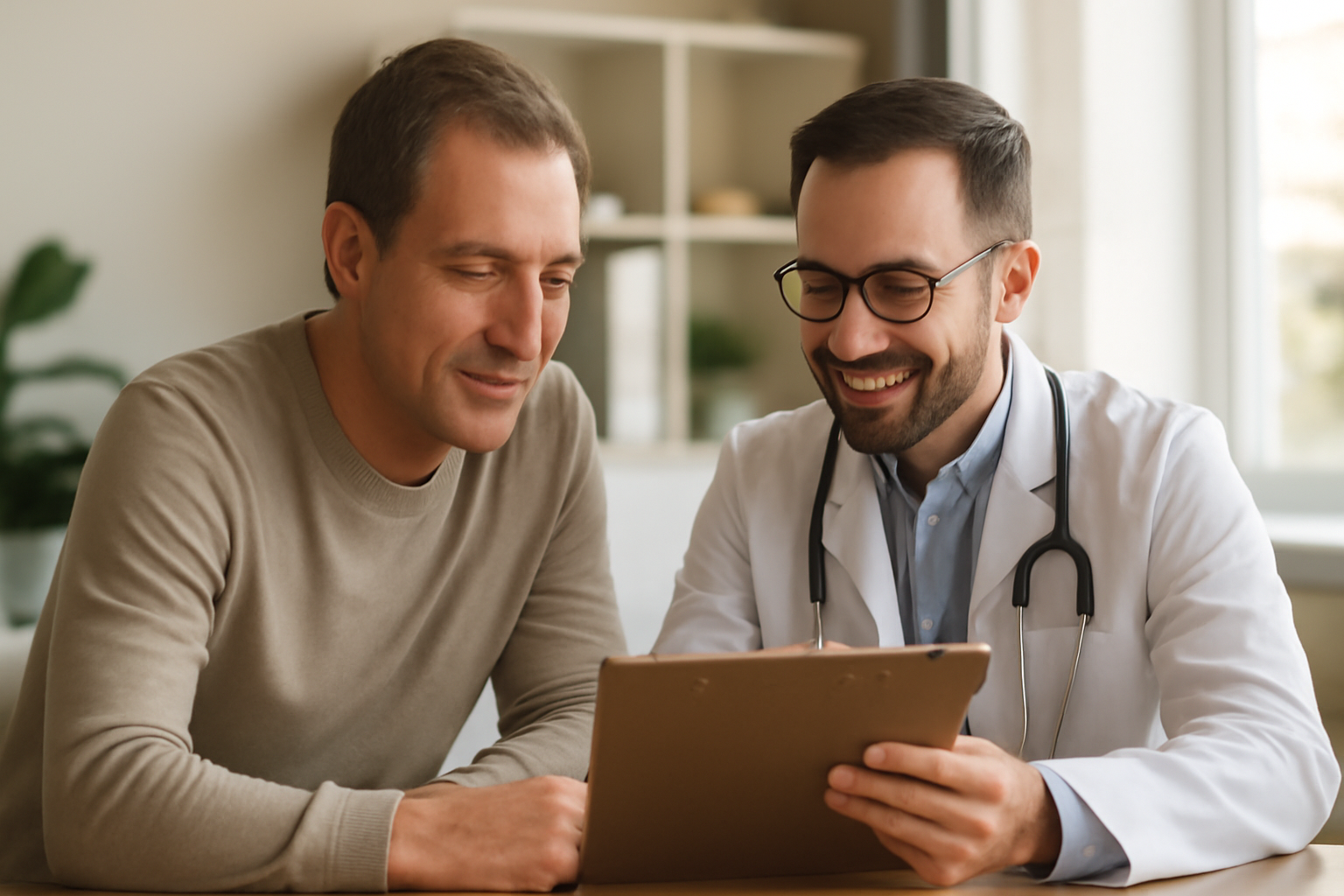 Doctor and adult male patient reviewing metabolic syndrome lab results in a modern medical office