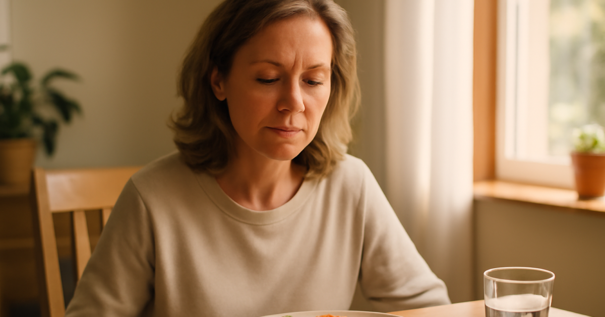 Woman practicing mindful eating at a dining table with a healthy colorful meal