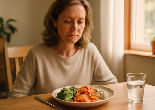 Woman practicing mindful eating at a dining table with a healthy colorful meal