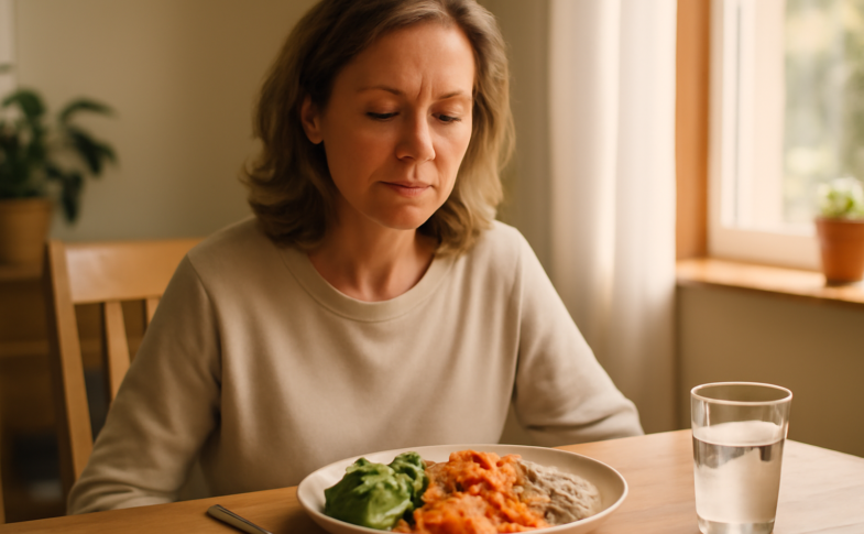 Woman practicing mindful eating at a dining table with a healthy colorful meal