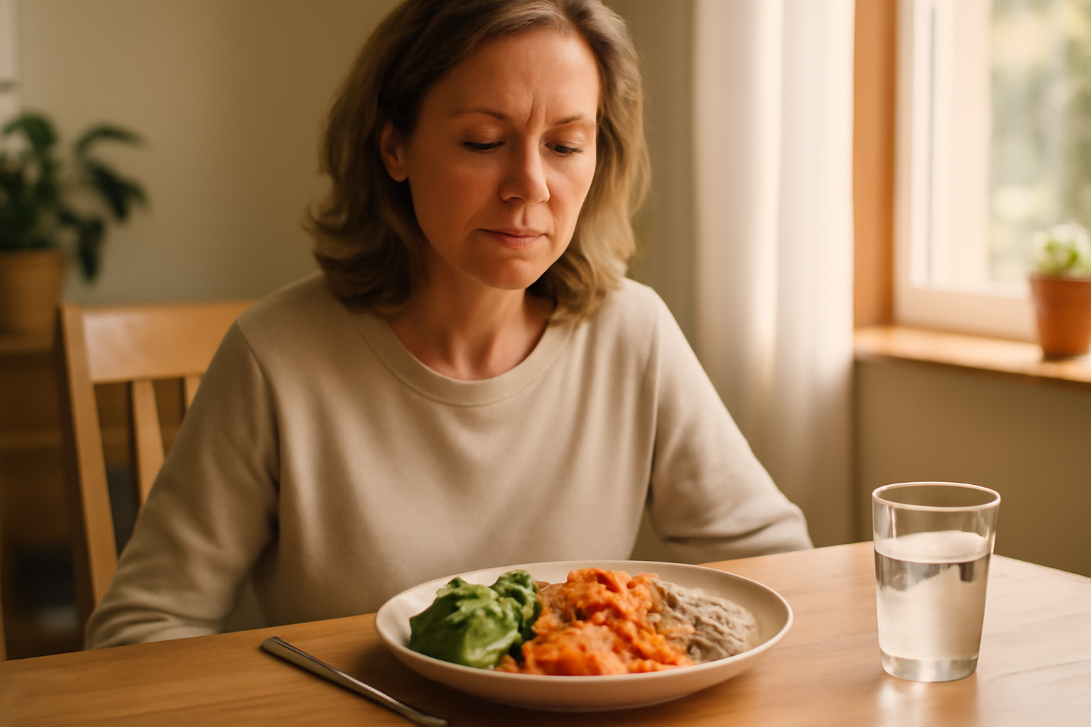 Woman practicing mindful eating at a dining table with a healthy colorful meal