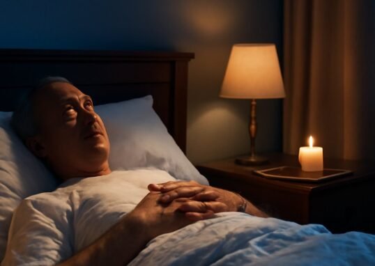 Middle-aged adult practicing mindfulness in bed for better sleep at night