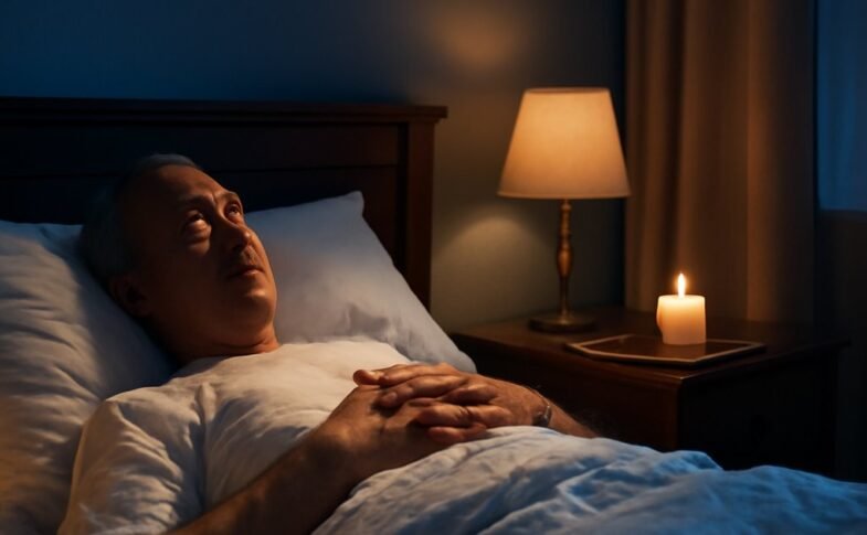 Middle-aged adult practicing mindfulness in bed for better sleep at night