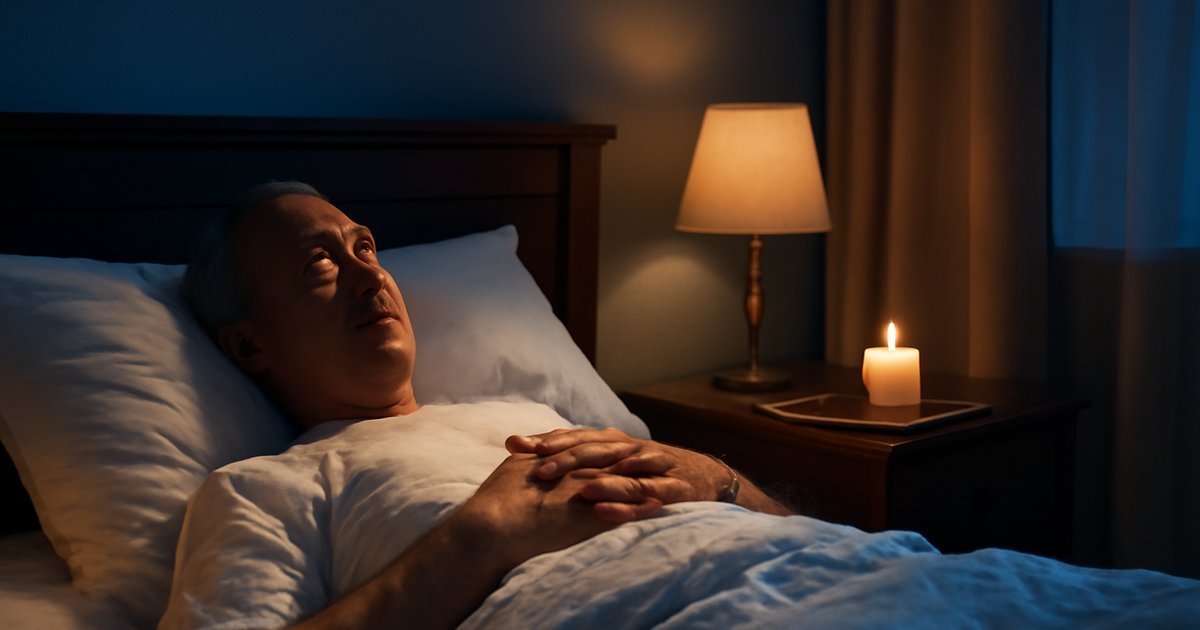 Middle-aged adult practicing mindfulness in bed for better sleep at night