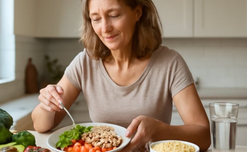 Woman in her 40s preparing a balanced meal to keep blood sugar levels healthy naturally