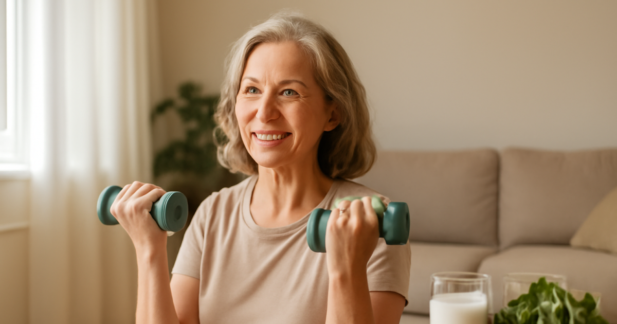 Woman in her 50s doing resistance exercise at home to manage osteoporosis and improve bone density