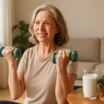 Woman in her 50s doing resistance exercise at home to manage osteoporosis and improve bone density