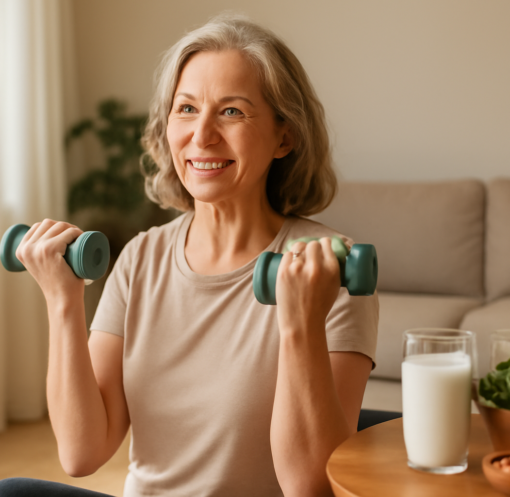 Woman in her 50s doing resistance exercise at home to manage osteoporosis and improve bone density