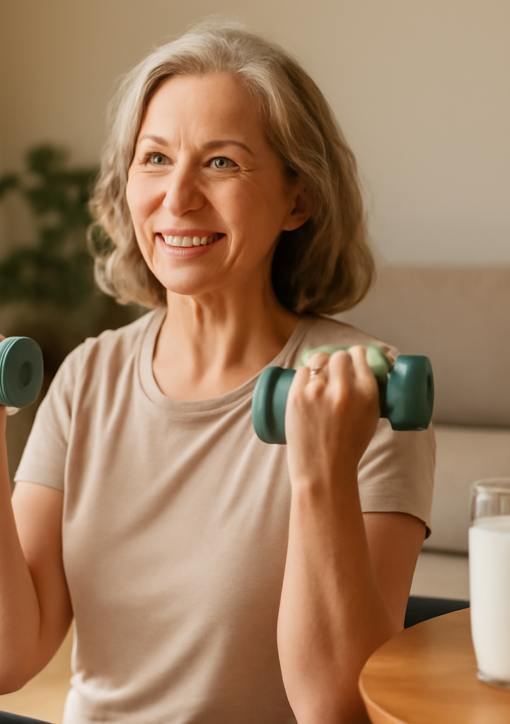 Woman in her 50s doing resistance exercise at home to manage osteoporosis and improve bone density