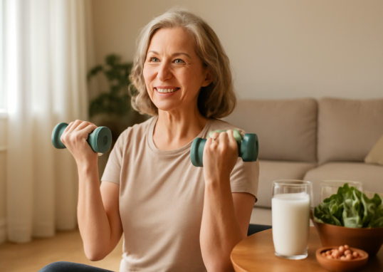 Woman in her 50s doing resistance exercise at home to manage osteoporosis and improve bone density