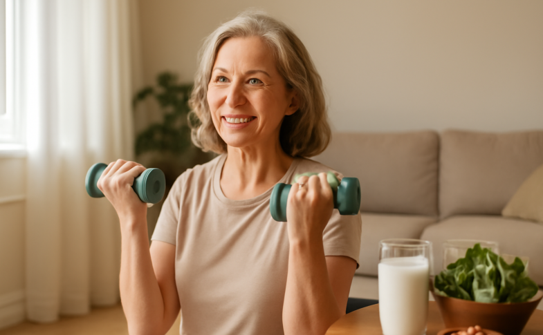 Woman in her 50s doing resistance exercise at home to manage osteoporosis and improve bone density