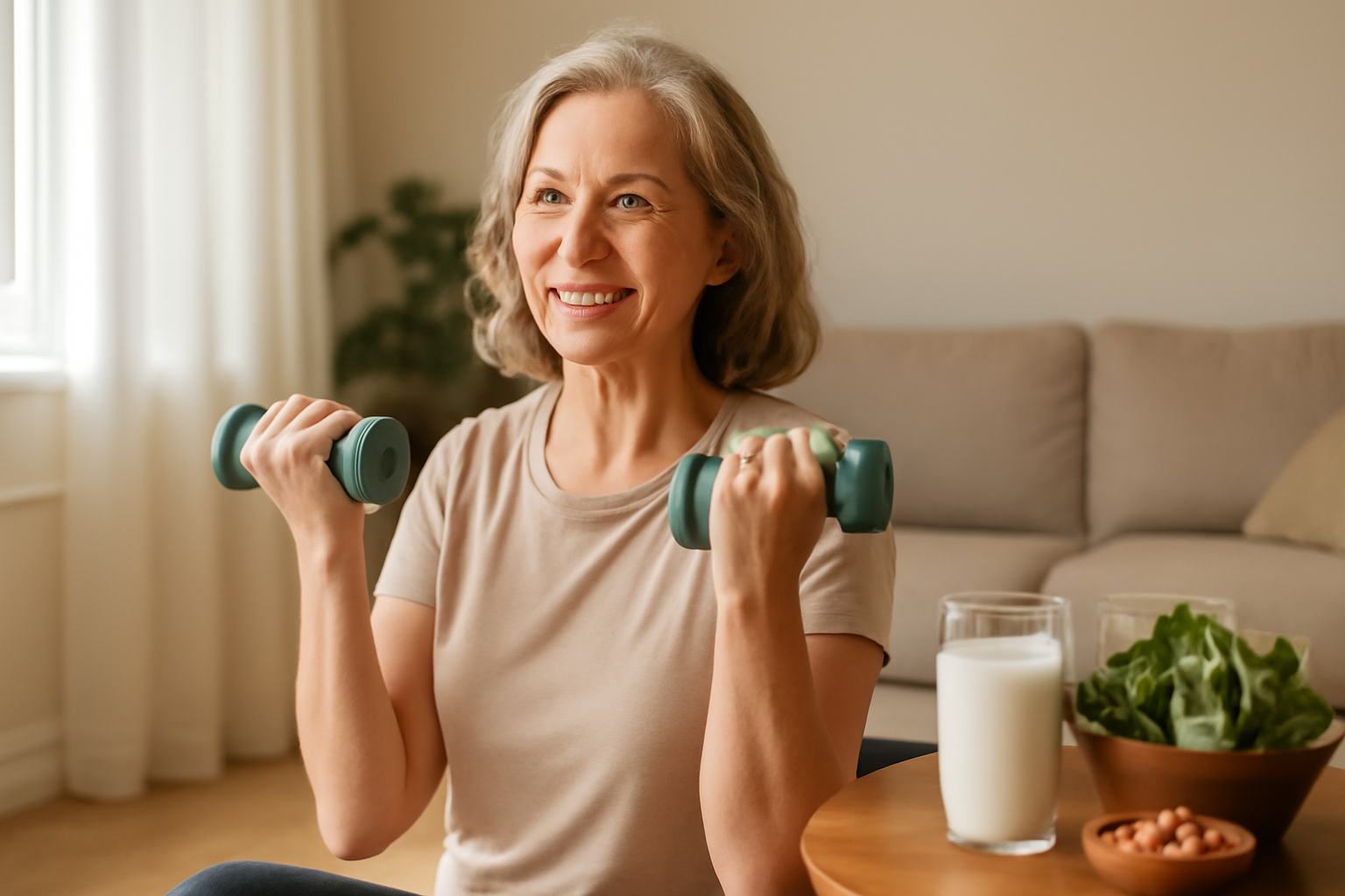 Woman in her 50s doing resistance exercise at home to manage osteoporosis and improve bone density