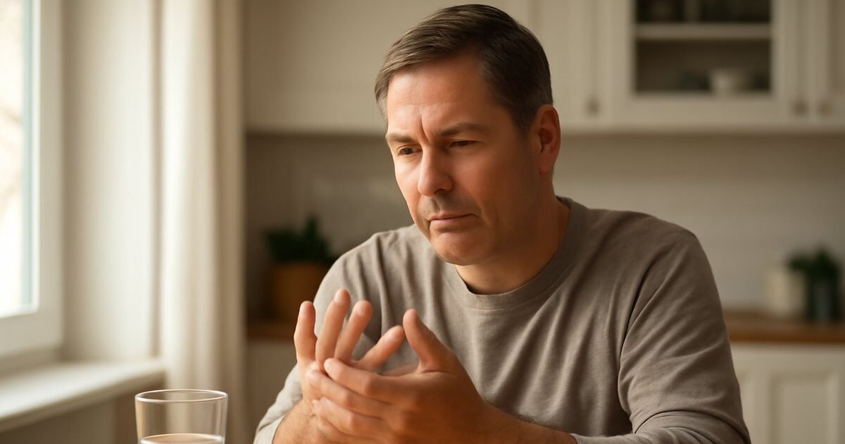 Middle-aged adult examining swollen fingers at a bright kitchen table, representing psoriatic arthritis management