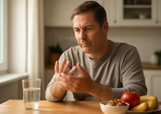 Middle-aged adult examining swollen fingers at a bright kitchen table, representing psoriatic arthritis management