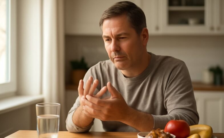 Middle-aged adult examining swollen fingers at a bright kitchen table, representing psoriatic arthritis management