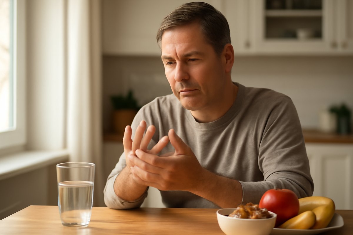 Middle-aged adult examining swollen fingers at a bright kitchen table, representing psoriatic arthritis management