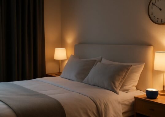 A calm, organized bedroom with soft lighting and white bedding designed for restful sleep after 40