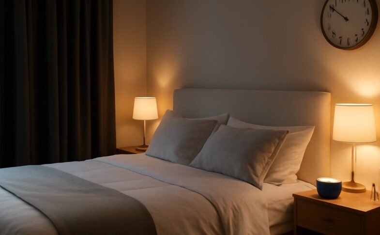 A calm, organized bedroom with soft lighting and white bedding designed for restful sleep after 40