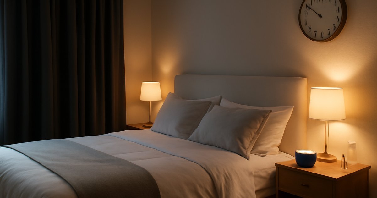 A calm, organized bedroom with soft lighting and white bedding designed for restful sleep after 40