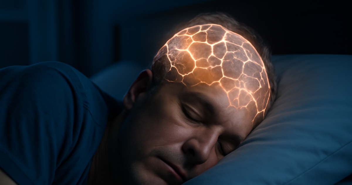 Middle-aged adult sleeping peacefully with glowing brain network overlay representing cognitive restoration during sleep