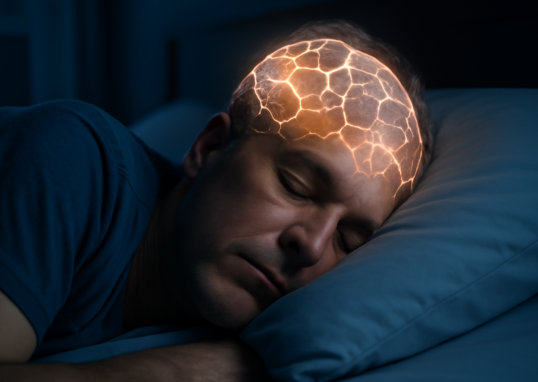 Middle-aged adult sleeping peacefully with glowing brain network overlay representing cognitive restoration during sleep
