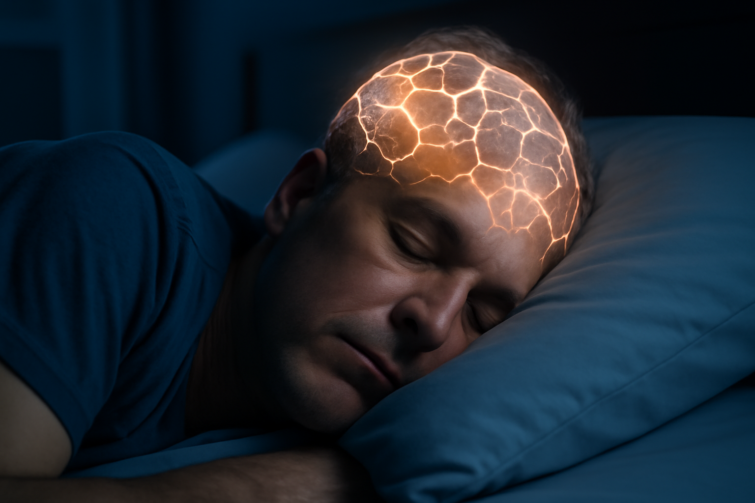 Middle-aged adult sleeping peacefully with glowing brain network overlay representing cognitive restoration during sleep