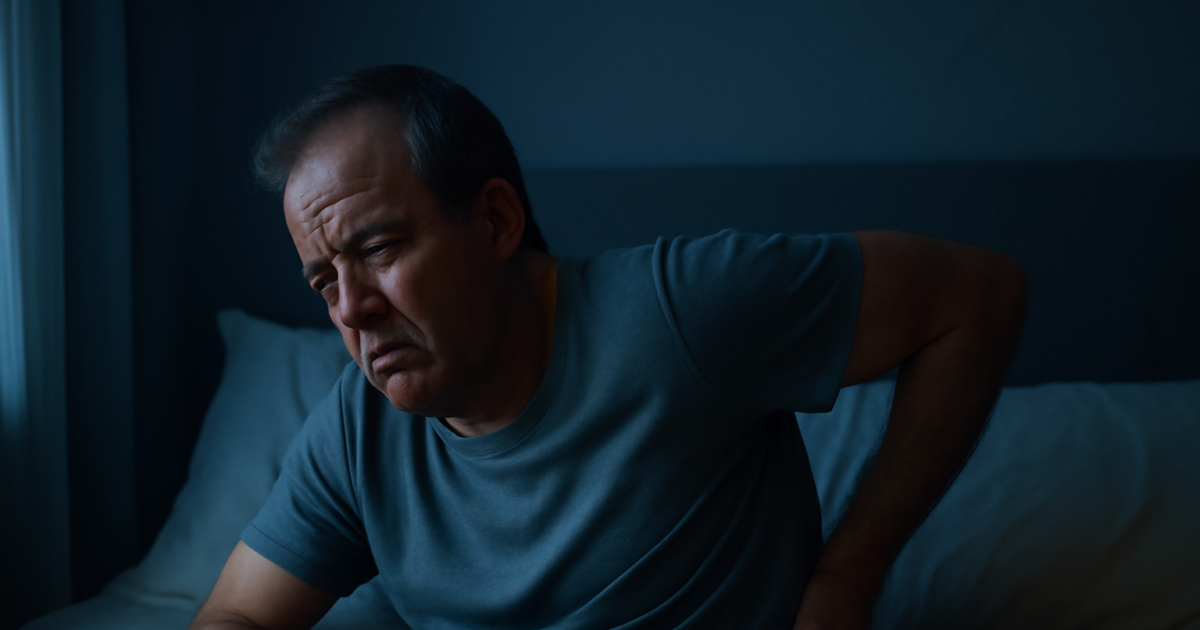 Middle-aged adult lying awake at night with chronic back pain in a dimly lit bedroom