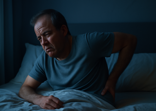 Middle-aged adult lying awake at night with chronic back pain in a dimly lit bedroom